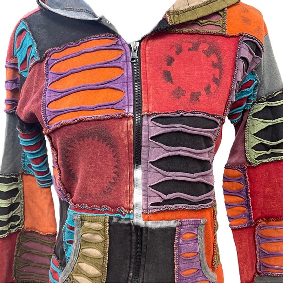 Vintage KPC Nepali Patchwork Razor Cut Hoodie Zip Front Wear Small - Picture 6 of 12